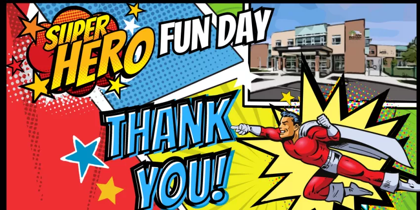 Comic-style superhero flying with text super hero fun day thank you and building photo in corner