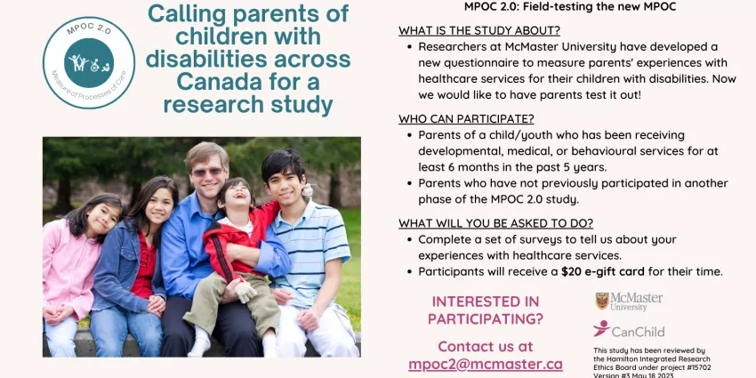 Flyer inviting Canadian parents of children with disabilities to join a McMaster University healthcare study.