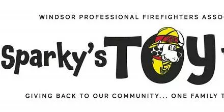 Logo for Sparky's Toy by Windsor Professional Firefighters featuring a Dalmatian firefighter mascot.