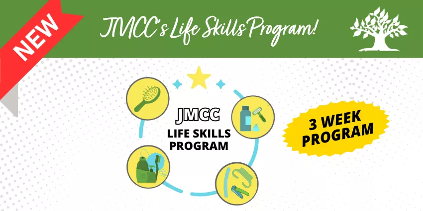 JMCC Life Skills Program banner with grooming icons and 3-week program badge.