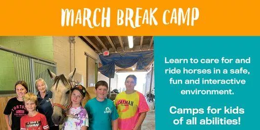 Children standing with a horse at a March Break Camp teaching horse care and riding skills.