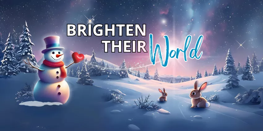 Snowy winter scene with a snowman holding a heart, two rabbits, and text brighten their world.