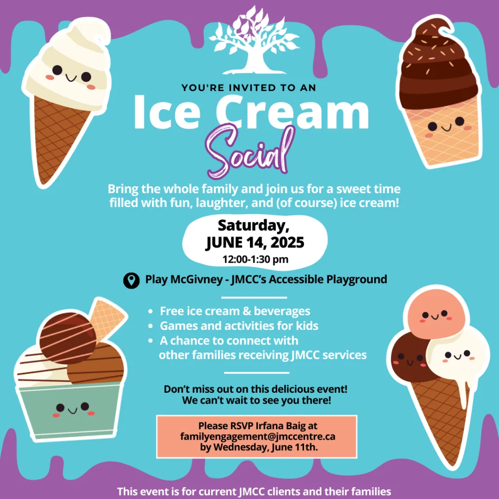 Ice cream social invitation with event details and colorful ice cream illustrations.