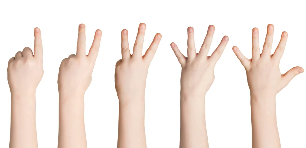 Five child hands against white background showing one to five fingers in sequence from left to right