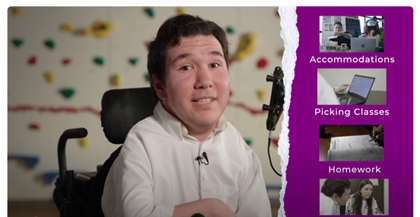 Young man in wheelchair with a sidebar listing Accommodations, Picking Classes, Homework topics