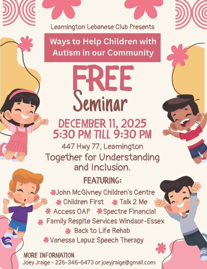Flyer for a free seminar on helping children with autism in Leamington on December 11, 2025.