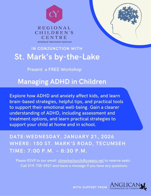 Free workshop on managing ADHD in children on January 21, 2026, at 150 St. Mark's Road, Tecumseh.