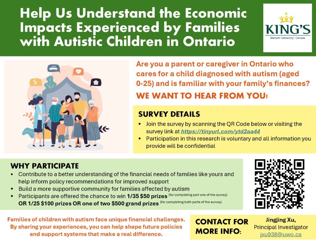 Flyer from King's Western University inviting Ontario parents of autistic children to join a financial impact survey.