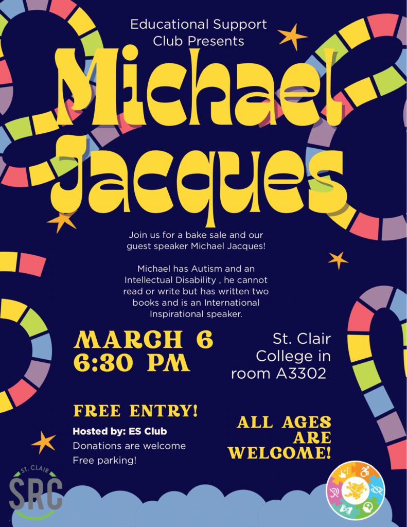 Flyer for Michael Jacques event on March 6 at St. Clair College, free entry, all ages welcome.