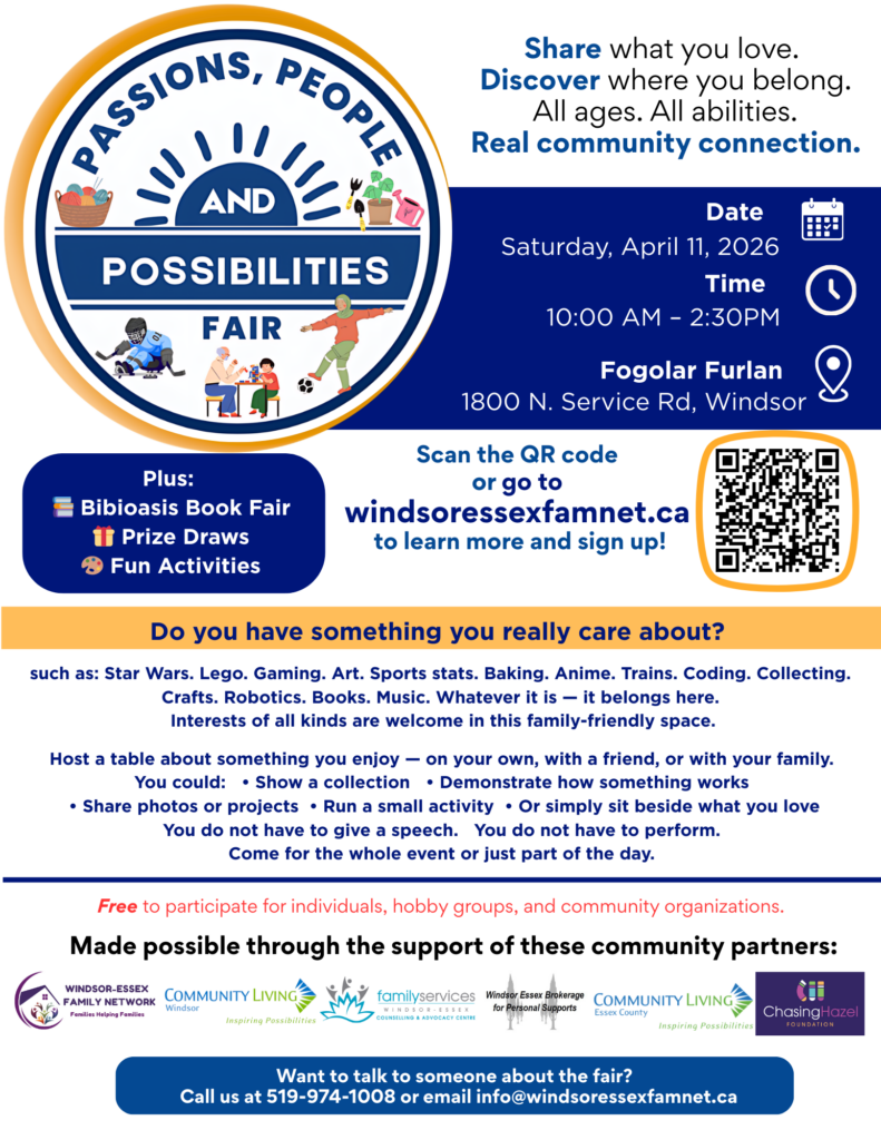 Colorful event flyer for Windsor-Essex Family Fair with logo, date, time, location, and QR code.
