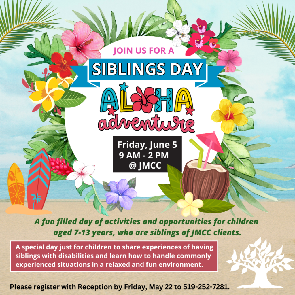 Colorful tropical poster for Siblings Day: Aloha Adventure on June 5 at JMCC.