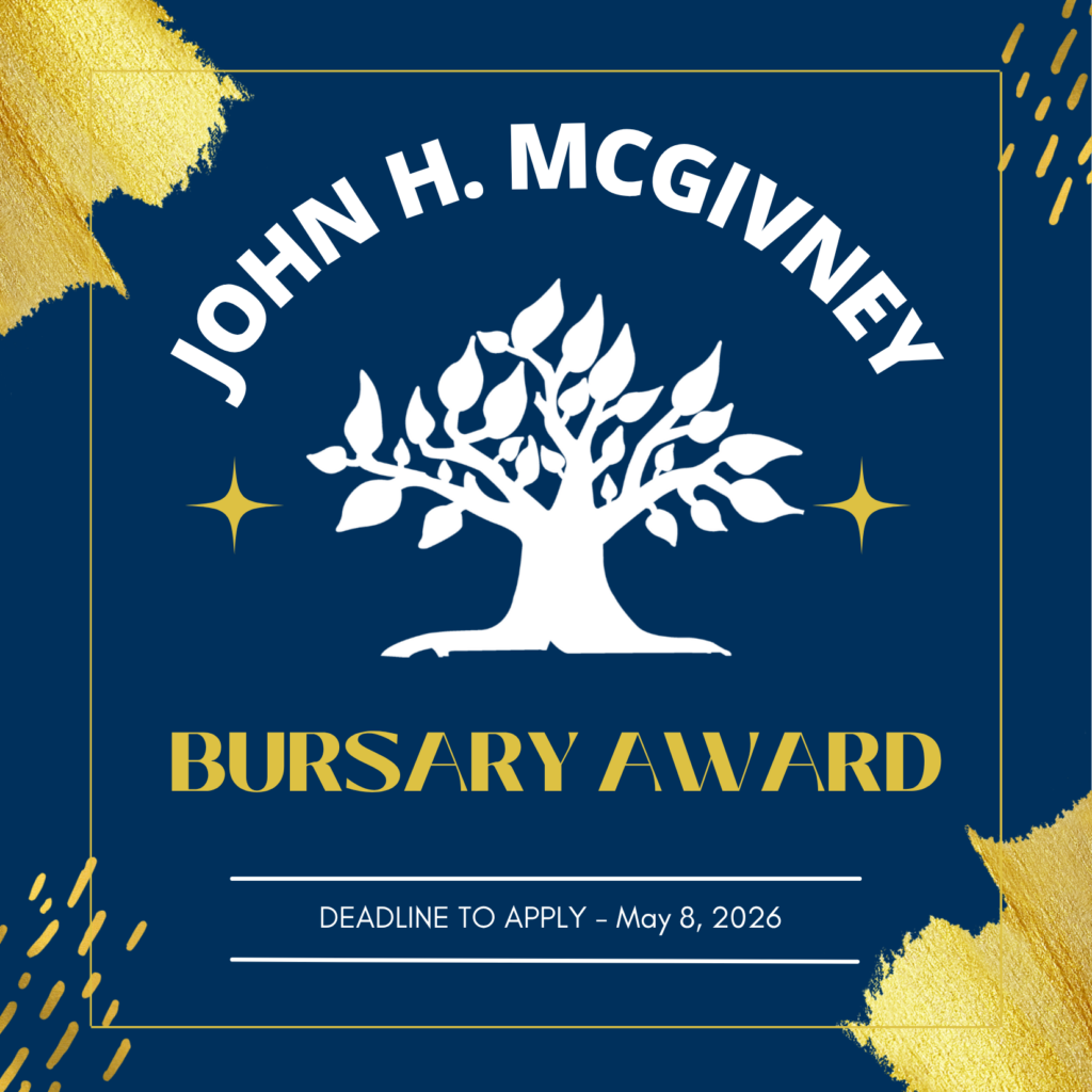 Dark blue poster with white tree emblem, gold text “BURSARY AWARD”, and deadline line.