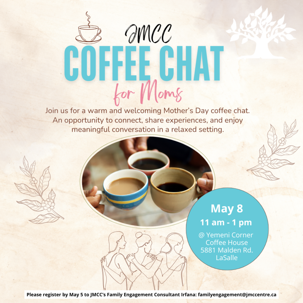 Poster for an IMCC event: Coffee Chat for Moms with coffee cups, teal title, pink script, and a blue date circle; background with leaves and a central photo of three coffee cups.