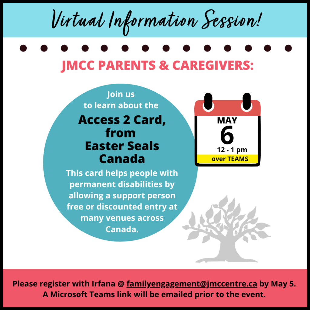 Poster for JMCC Parents & Caregivers info session about Access 2 Card; calendar date May 6.