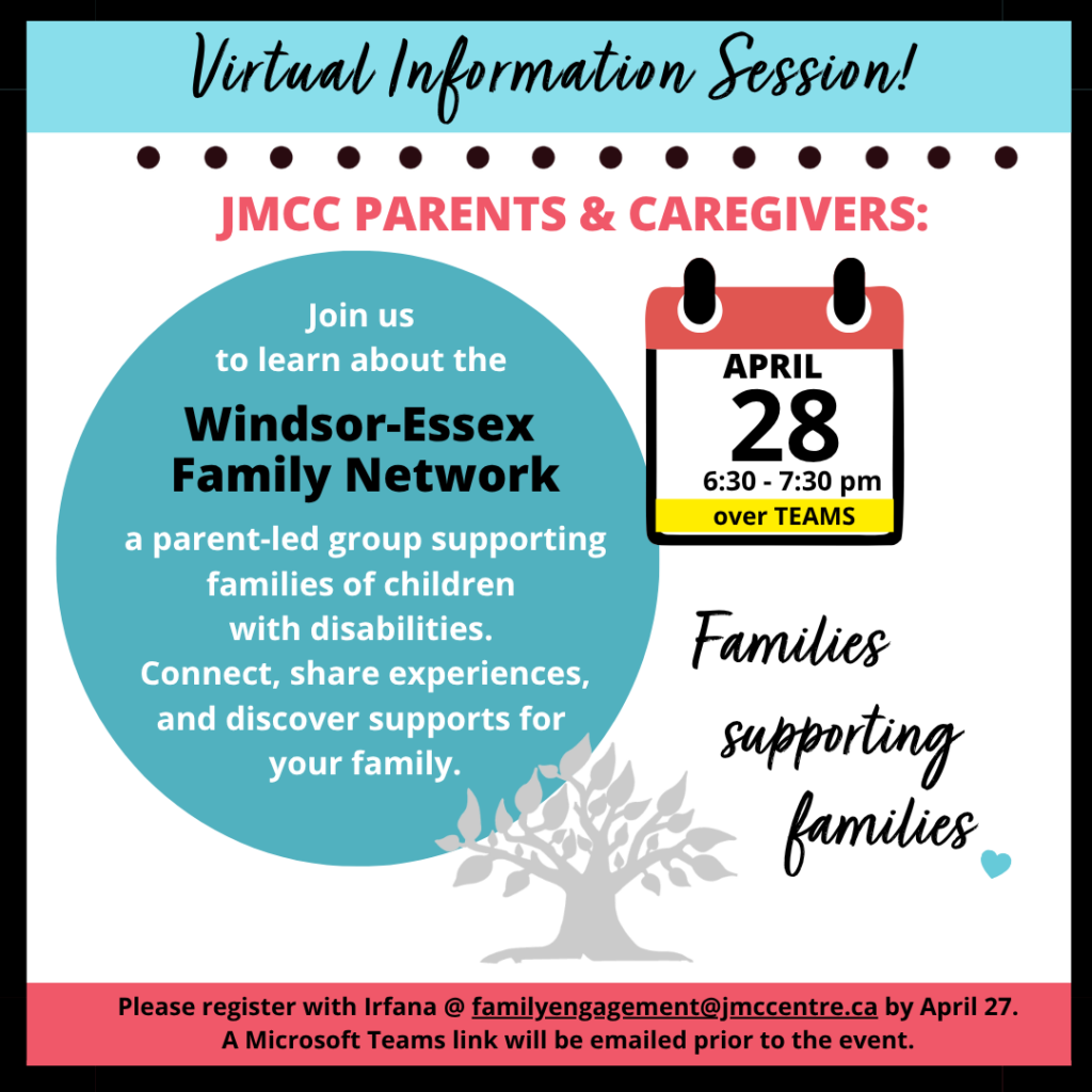 Information flyer for Windsor-Essex Family Network event with calendar icon and teal circle text.