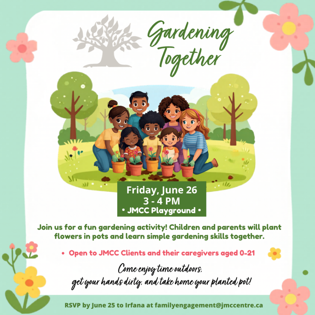 Group of kids planting flowers in pots at a sunny garden event flyer titled Gardening Together.