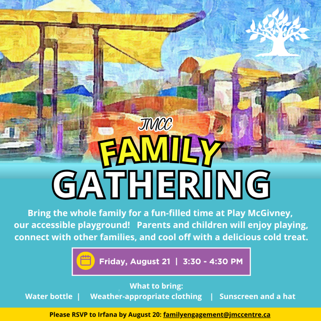 Promotional poster for "Family Gathering" event with colorful abstract background and teal section.