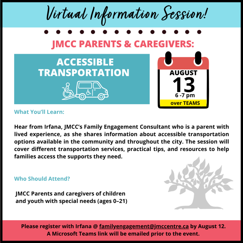 Digital flyer for JMCC info session on accessible transportation; calendar date Aug 13.