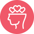 Line drawing of a head in profile with a crown of hearts inside a pink circle