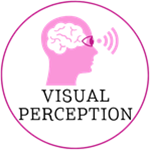 Pink circular emblem with brain silhouette, mouth sound waves, and "VISUAL PERCEPTION" text.