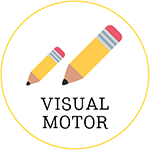 Two yellow pencils crossing inside a yellow circle with the words VISUAL MOTOR underneath.